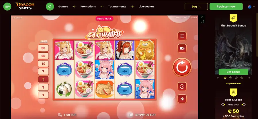 Dragon Slots casino pokies gameplay screen with reels and bonus features Dragon Slots casino pokies gameplay screen with reels and bonus features