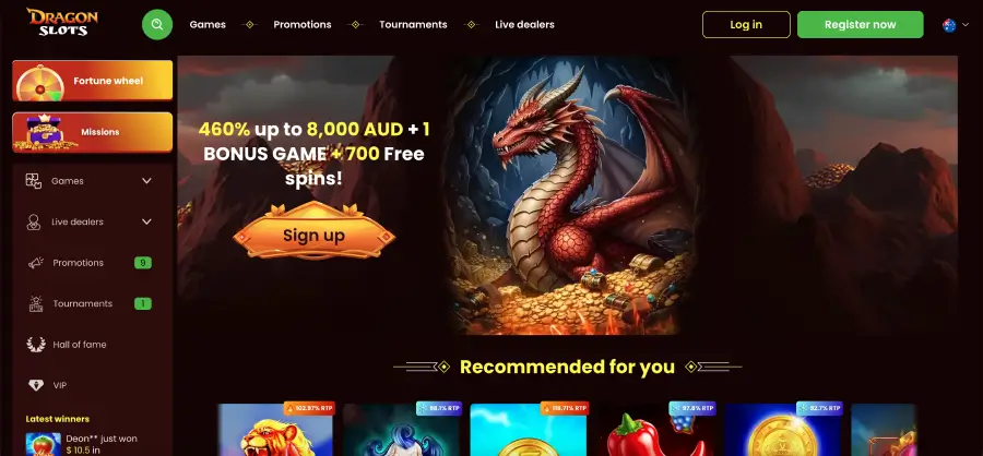 Dragon Slots casino homepage interface with pokies and navigation menu Dragon Slots casino homepage interface with pokies and navigation menu